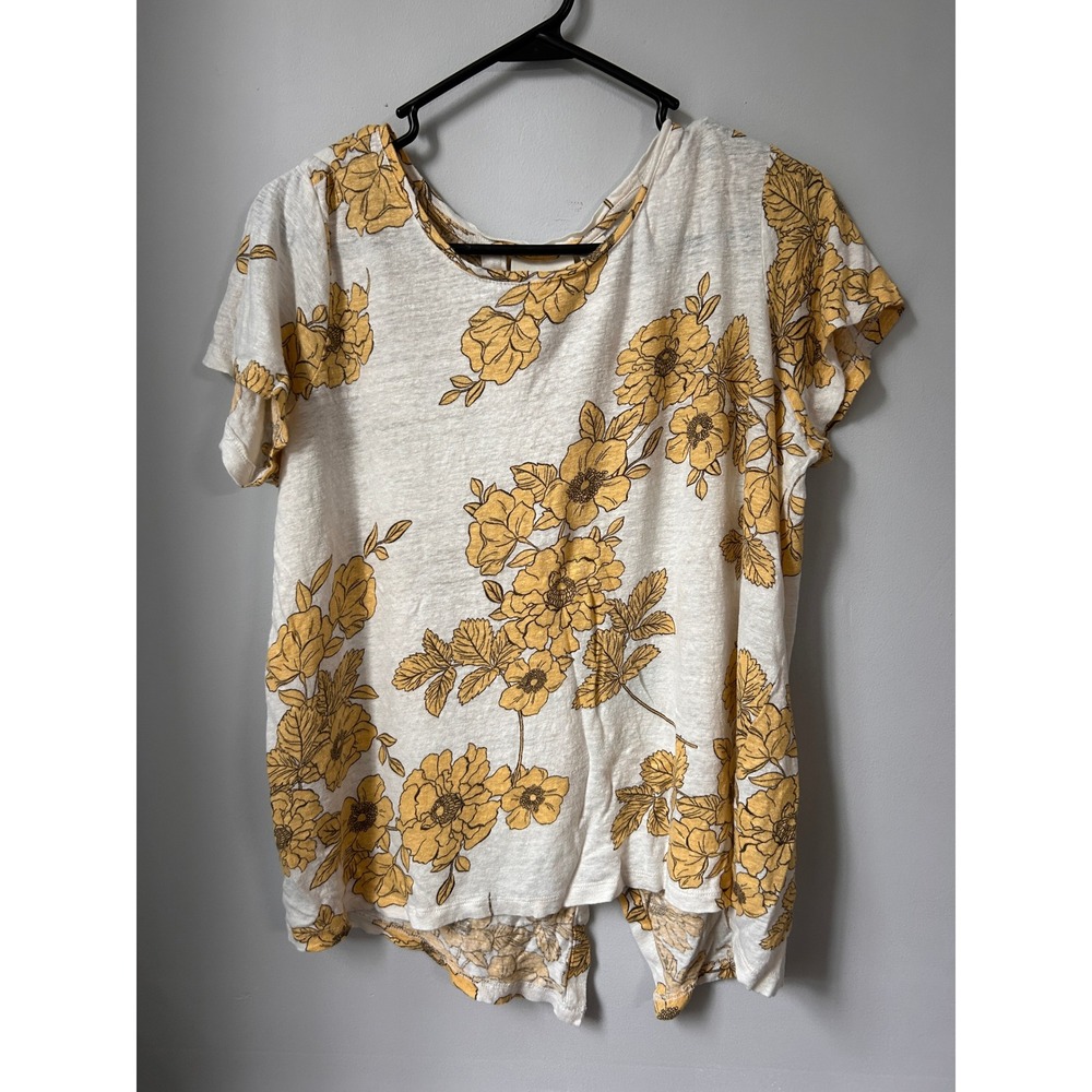 Cynthia Rowley 100% Linen Yellow Floral Button Back Top 1X White Short Sleeve